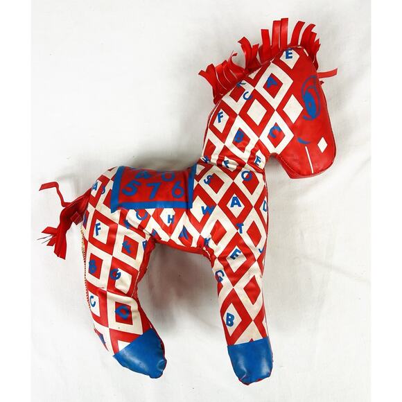 Vintage Vinyl Oil Cloth Stuffed Plush Horse Pony Red Blue Alphabet Numbers 13” - Picture 8 of 8